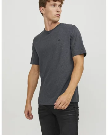 Tricou de bumbac organic cu decolteu la baza gatului si broderie discreta, Gri melange