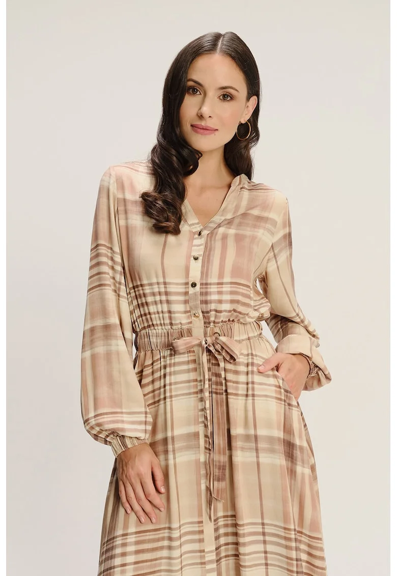 Rochie lunga in carouri cu decolteu in V, Bej/Roz prafuit