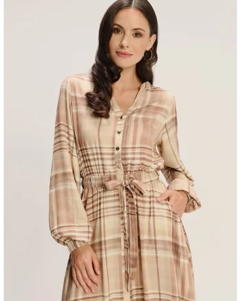 Rochie lunga in carouri cu decolteu in V, Bej/Roz prafuit