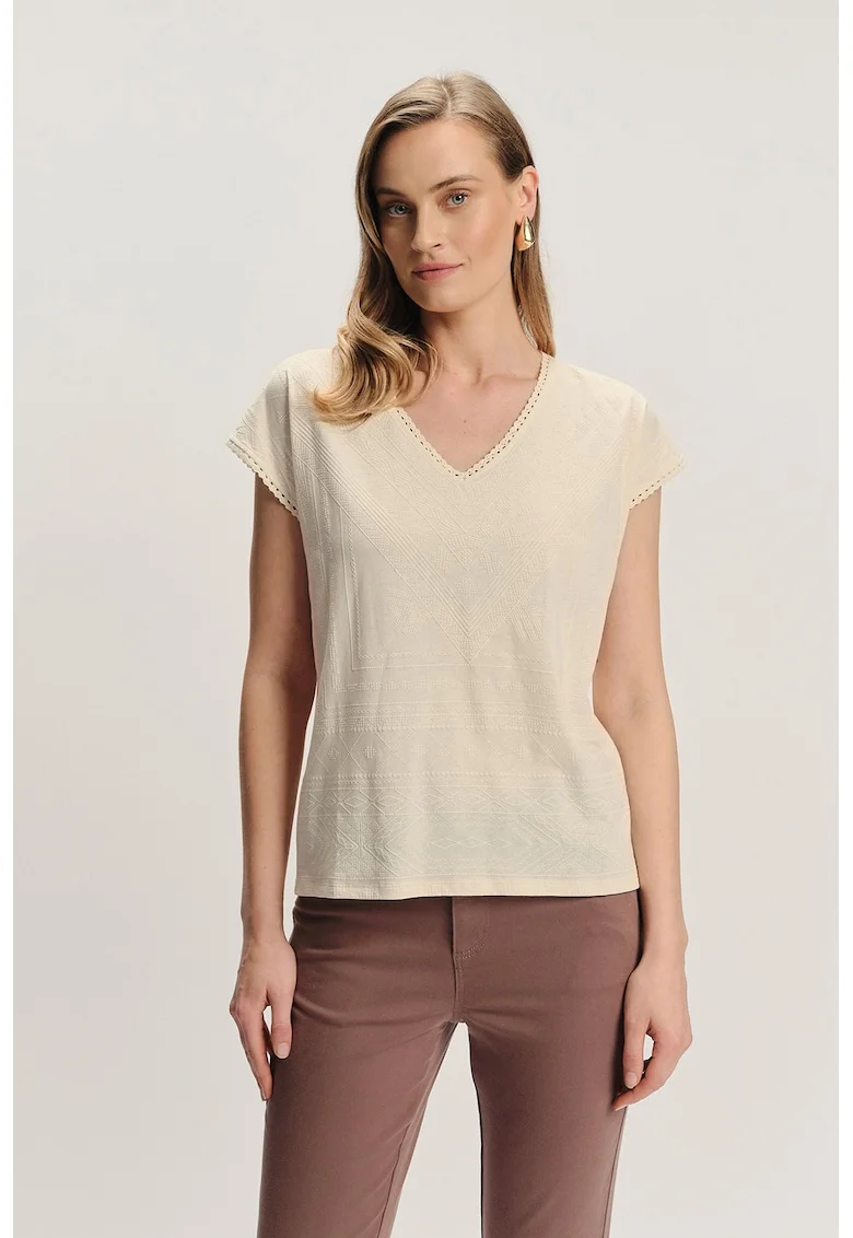 Tricou texturat de bumbac cu decolteu in V, Bej deschis