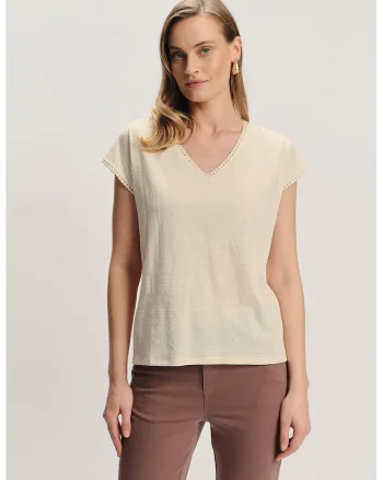 Tricou texturat de bumbac cu decolteu in V, Bej deschis