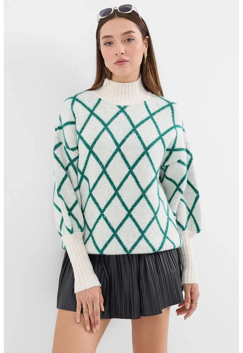 Pulover dama,  supradimensionat, guler inalt, verde, tricot,