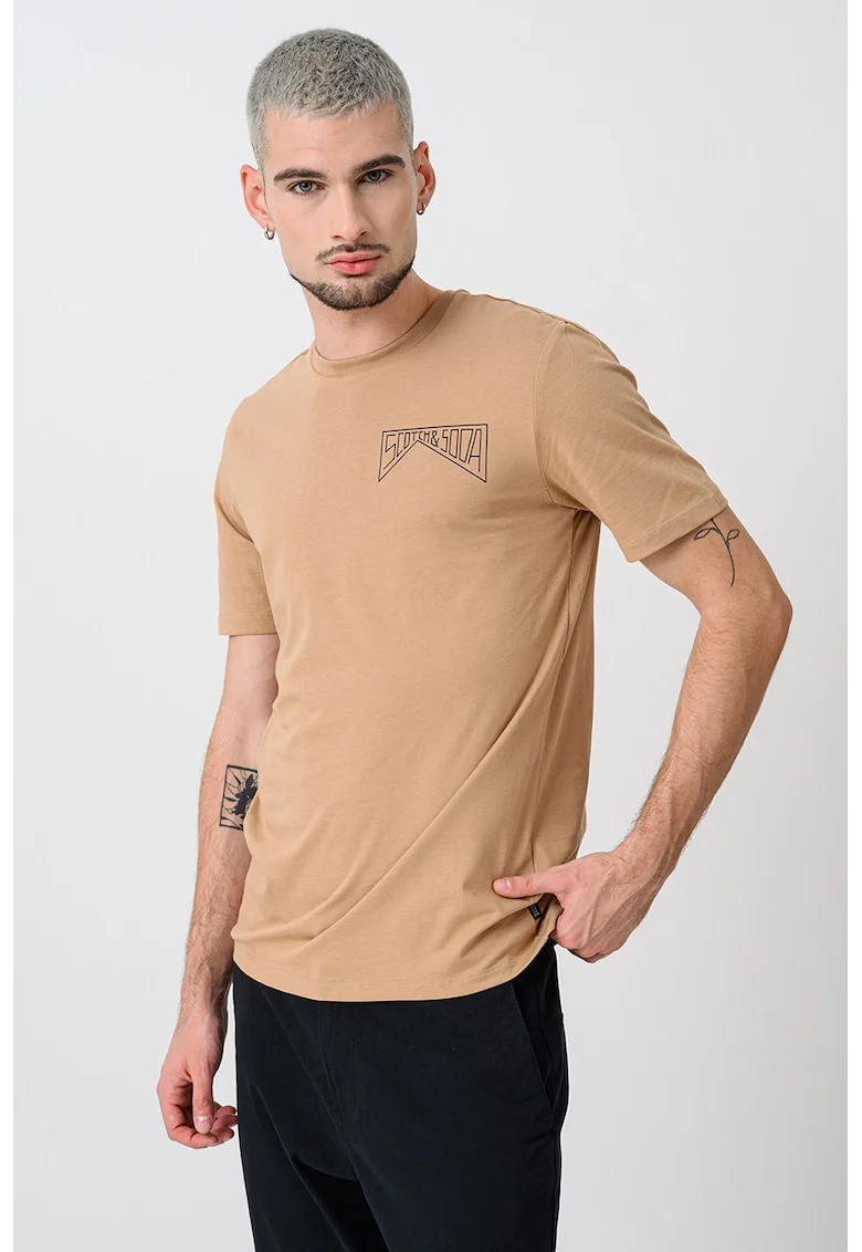 Tricou de bumbac organic cu logo pe piept, Caramel