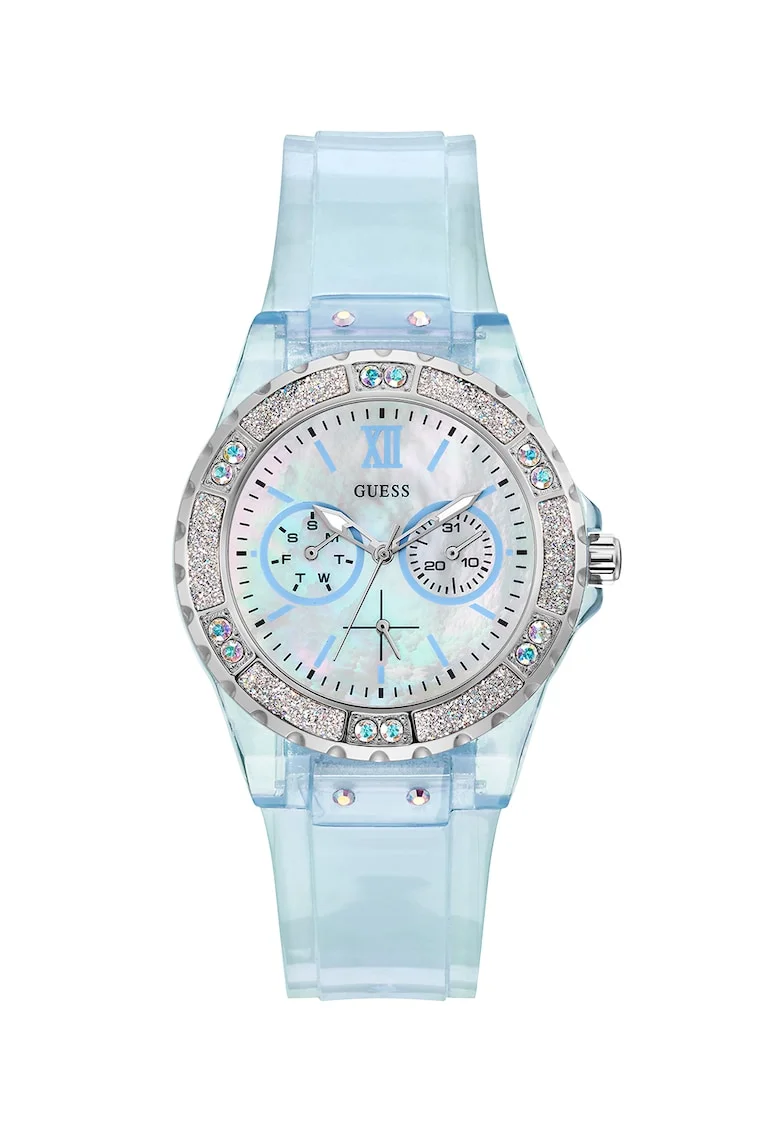 Ceas cu functii multiple, decorat cu cristale, Albastru pastel