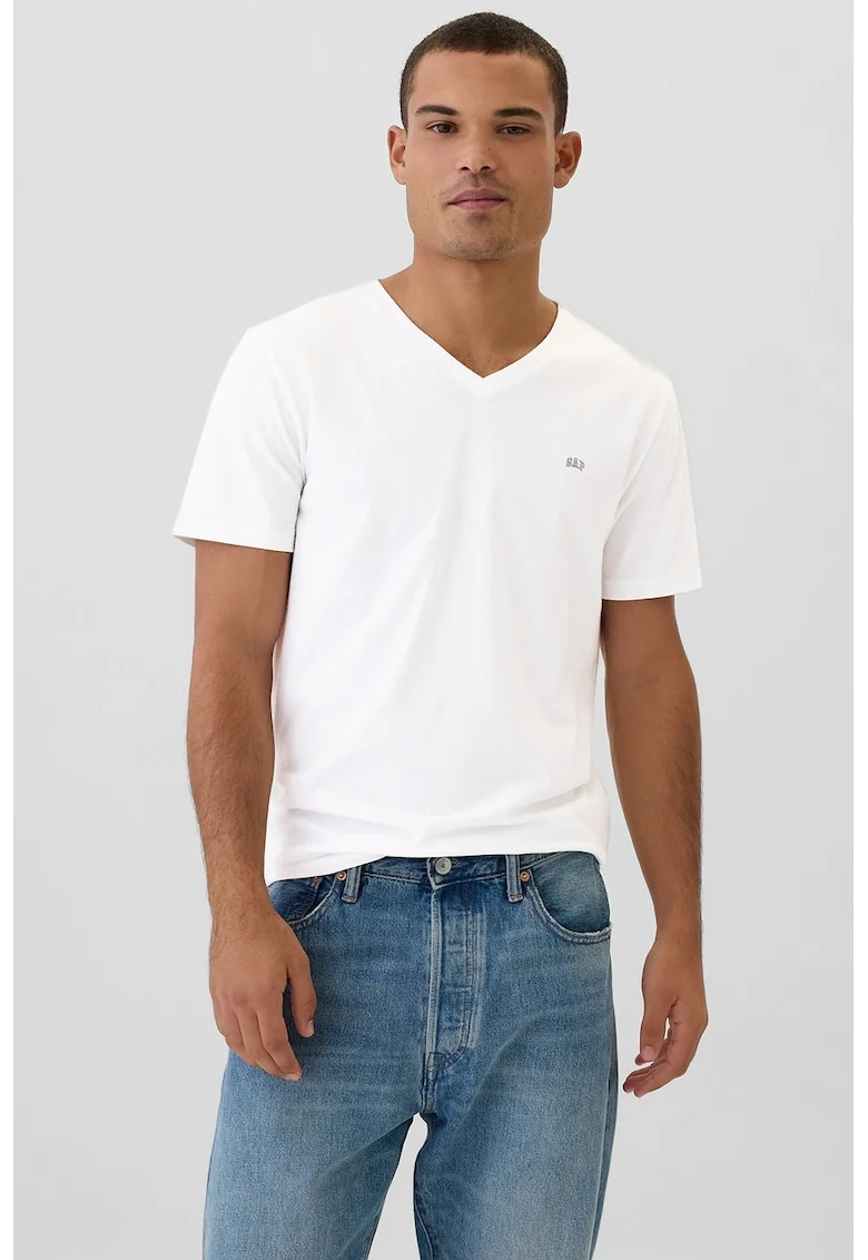 Tricou de bumbac cu decolteu in V, Alb optic