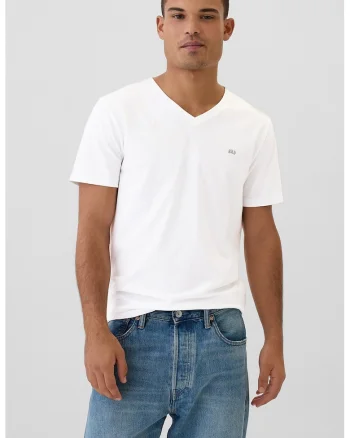 Tricou de bumbac cu decolteu in V, Alb optic