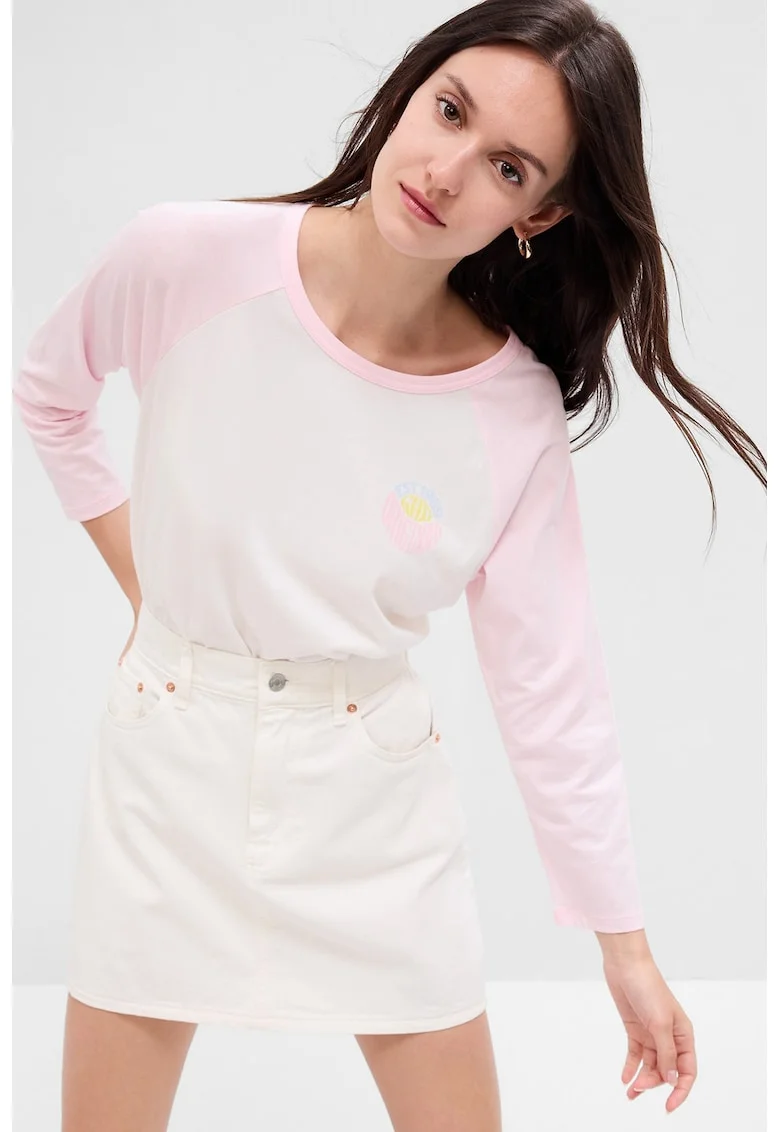 Bluza de bumbac organic cu maneci raglan, Alb/Roz deschis