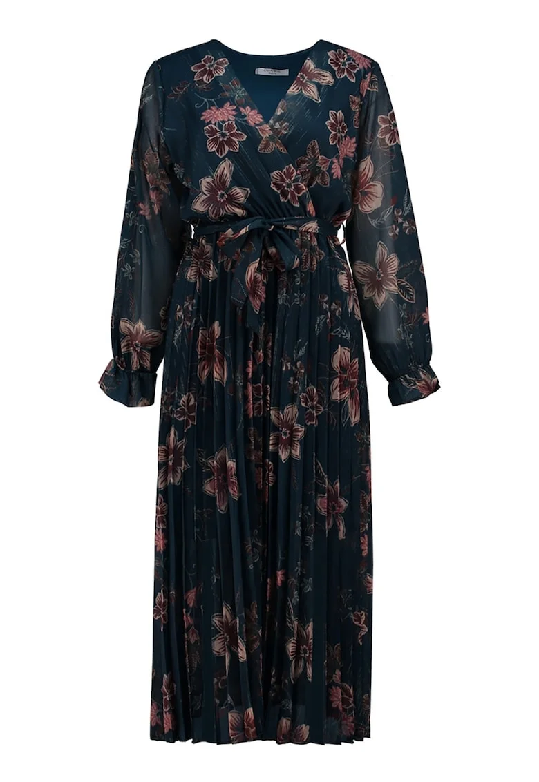 Rochie cu decolteu in V si imprimeu floral, Roz prafuit/Albastru petrol