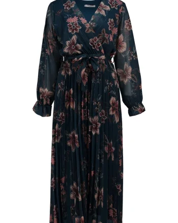 Rochie cu decolteu in V si imprimeu floral, Roz prafuit/Albastru petrol