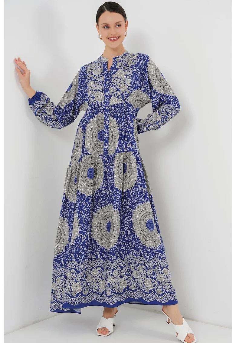 Rochie maxi, HiCCUP, imprimeu, albastru cobalt, gri, viscoza, Albastru