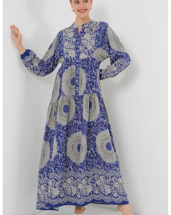 Rochie maxi, HiCCUP, imprimeu, albastru cobalt, gri, viscoza, Albastru