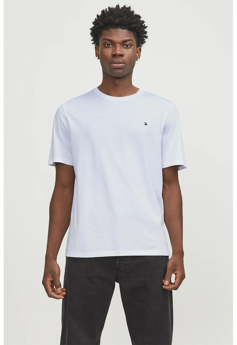 Tricou de bumbac organic cu decolteu la baza gatului si broderie discreta, Alb optic