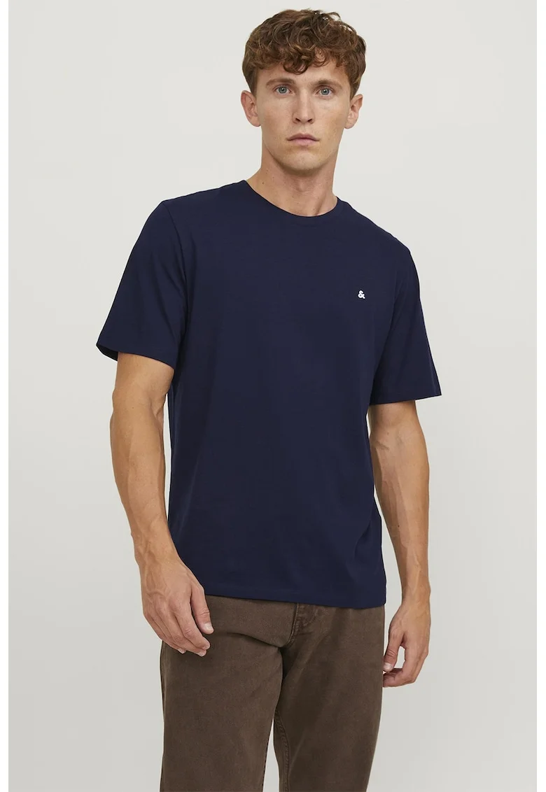 Tricou de bumbac organic cu decolteu la baza gatului si broderie discreta, Bleumarin
