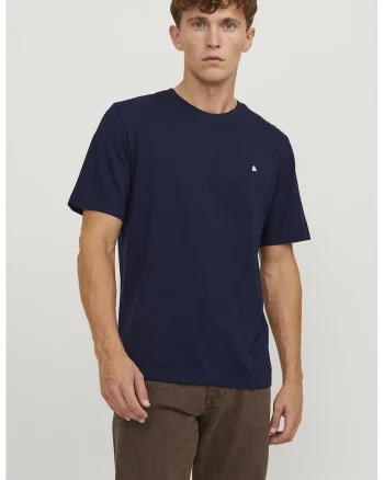 Tricou de bumbac organic cu decolteu la baza gatului si broderie discreta, Bleumarin
