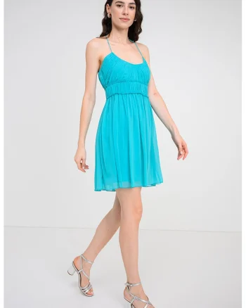 Rochie scurta din sifon cu decolteu rotund, Turcoaz