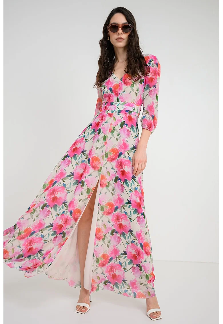 Rochie maxi cu decolteu in V si model floral, Verde inchis/Roz orhidee/Alb murdar/Bleumarin