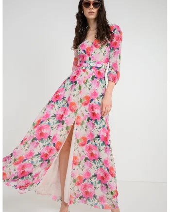 Rochie maxi cu decolteu in V si model floral, Verde inchis/Roz orhidee/Alb murdar/Bleumarin