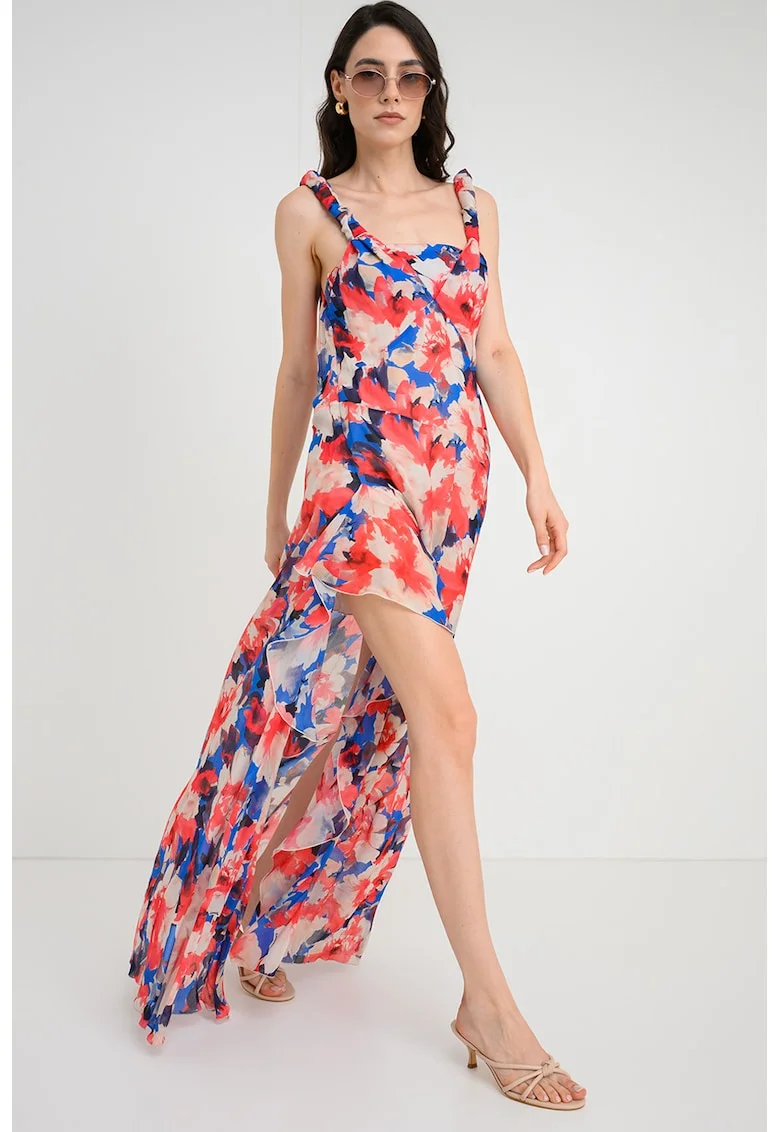 Rochie lunga cu model floral si decupaj pe partea din spate, Roz zmeuriu/Alb murdar/Bleumarin