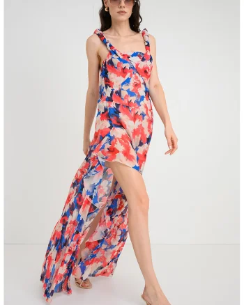 Rochie lunga cu model floral si decupaj pe partea din spate, Roz zmeuriu/Alb murdar/Bleumarin