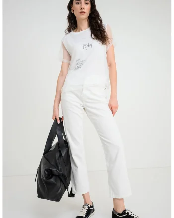 Blugi crop regular fit, Alb optic
