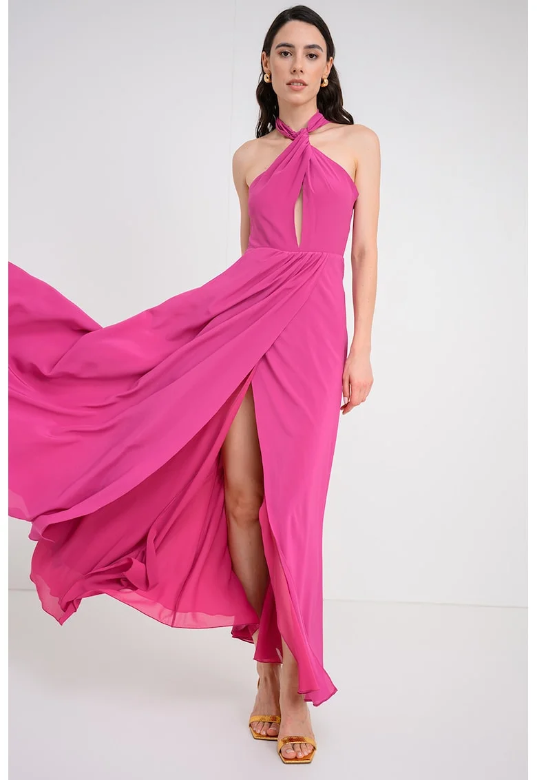 Rochie lunga din matase cu detalii cu decupaje, Deep Purple