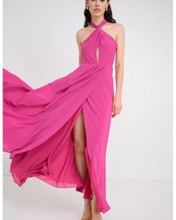 Rochie lunga din matase cu detalii cu decupaje, Deep Purple