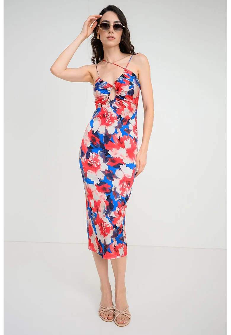 Rochie midi cu model si detaliu cu decupaj, Roz zmeuriu/Alb murdar/Bleumarin