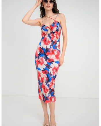 Rochie midi cu model si detaliu cu decupaj, Roz zmeuriu/Alb murdar/Bleumarin