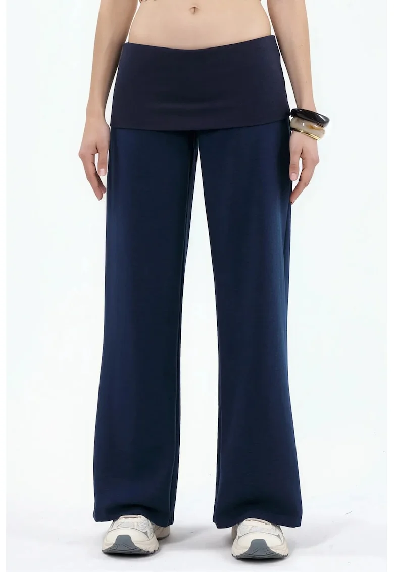 Pantaloni dama,  talie inalta, picior larg, albastru marin