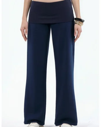 Pantaloni dama,  talie inalta, picior larg, albastru marin