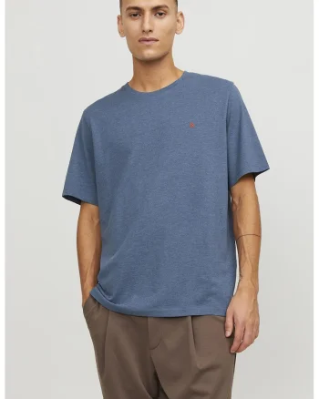 Tricou de bumbac organic cu decolteu la baza gatului si broderie discreta, Albastru prafuit