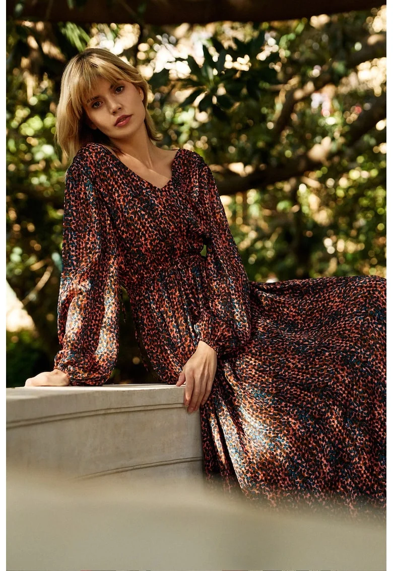 Rochie maxi cu maneci bufante, maronie, Maro