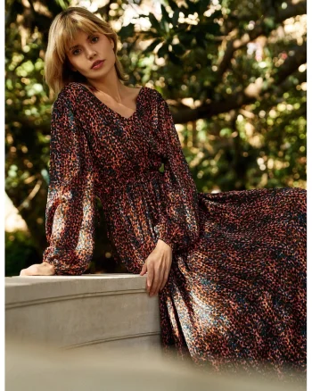 Rochie maxi cu maneci bufante, maronie, Maro