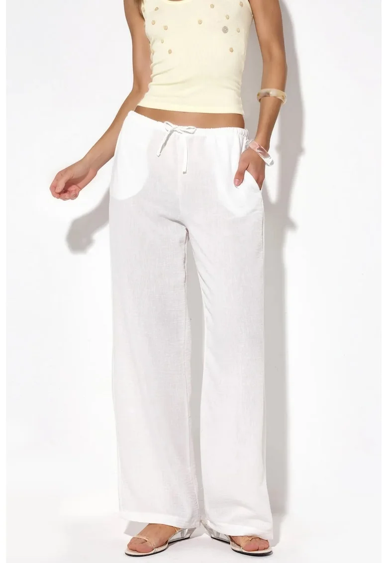 Pantaloni dama,  croiala dreapta, casual, alb, 100% poliester