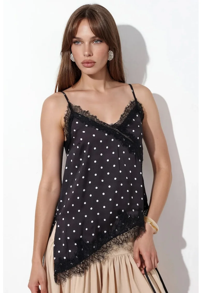 Bluza Cami,  Satin, Decolteu in V, Buline, Negru