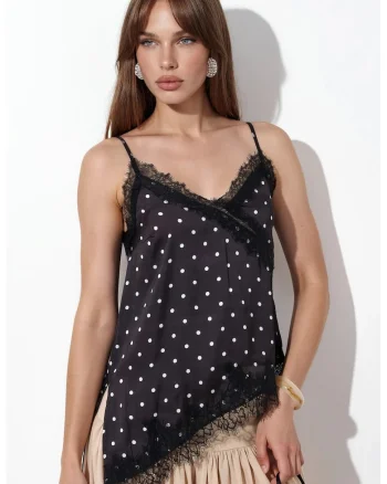 Bluza Cami,  Satin, Decolteu in V, Buline, Negru
