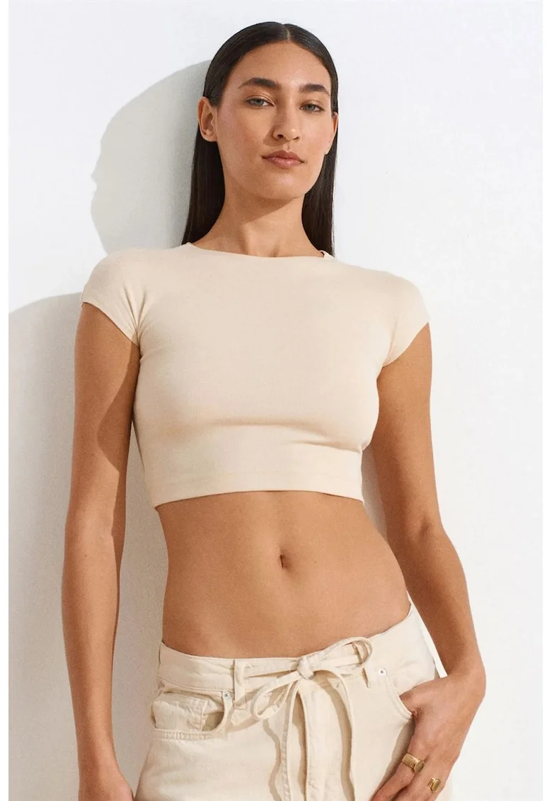 Bluza  crop, slim fit, elastic, bej natural, bumbac/modal/elastan,