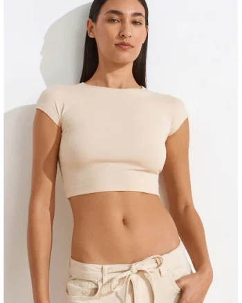 Bluza  crop, slim fit, elastic, bej natural, bumbac/modal/elastan,
