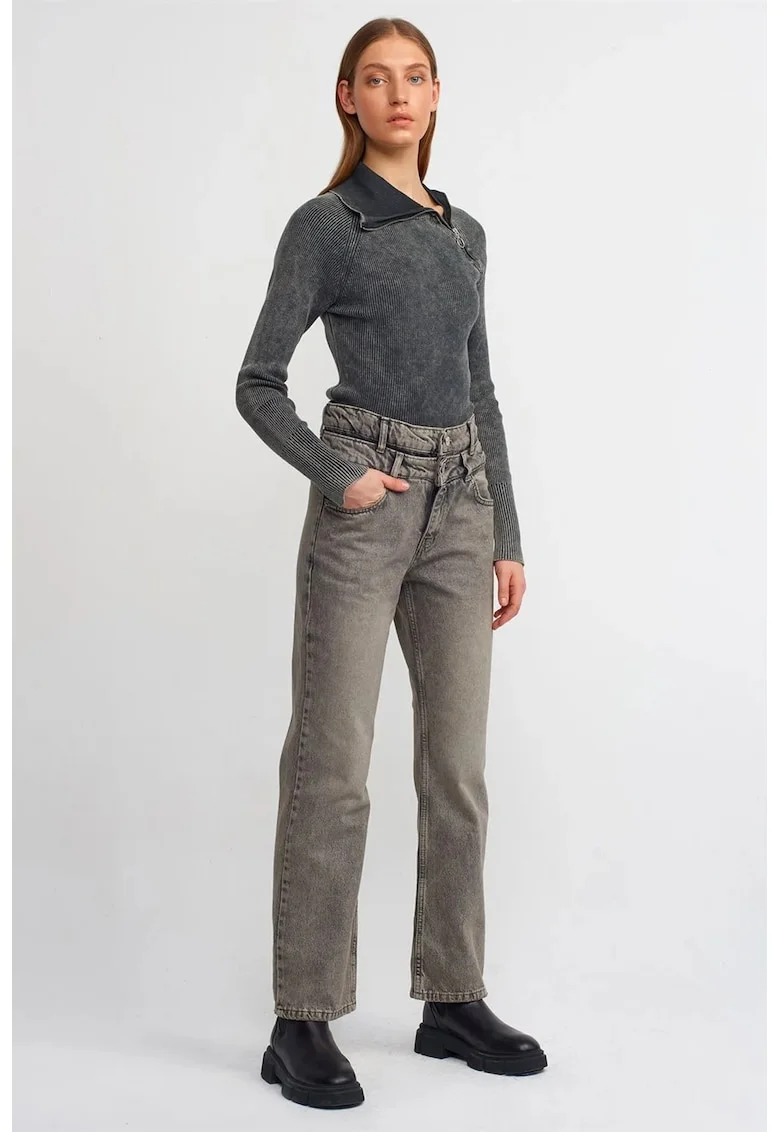Blugi dama,  talie inalta, croiala dreapta, gri inchis, denim