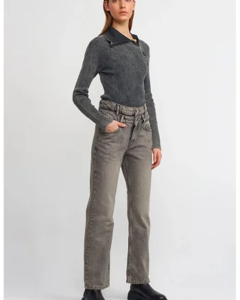 Blugi dama,  talie inalta, croiala dreapta, gri inchis, denim