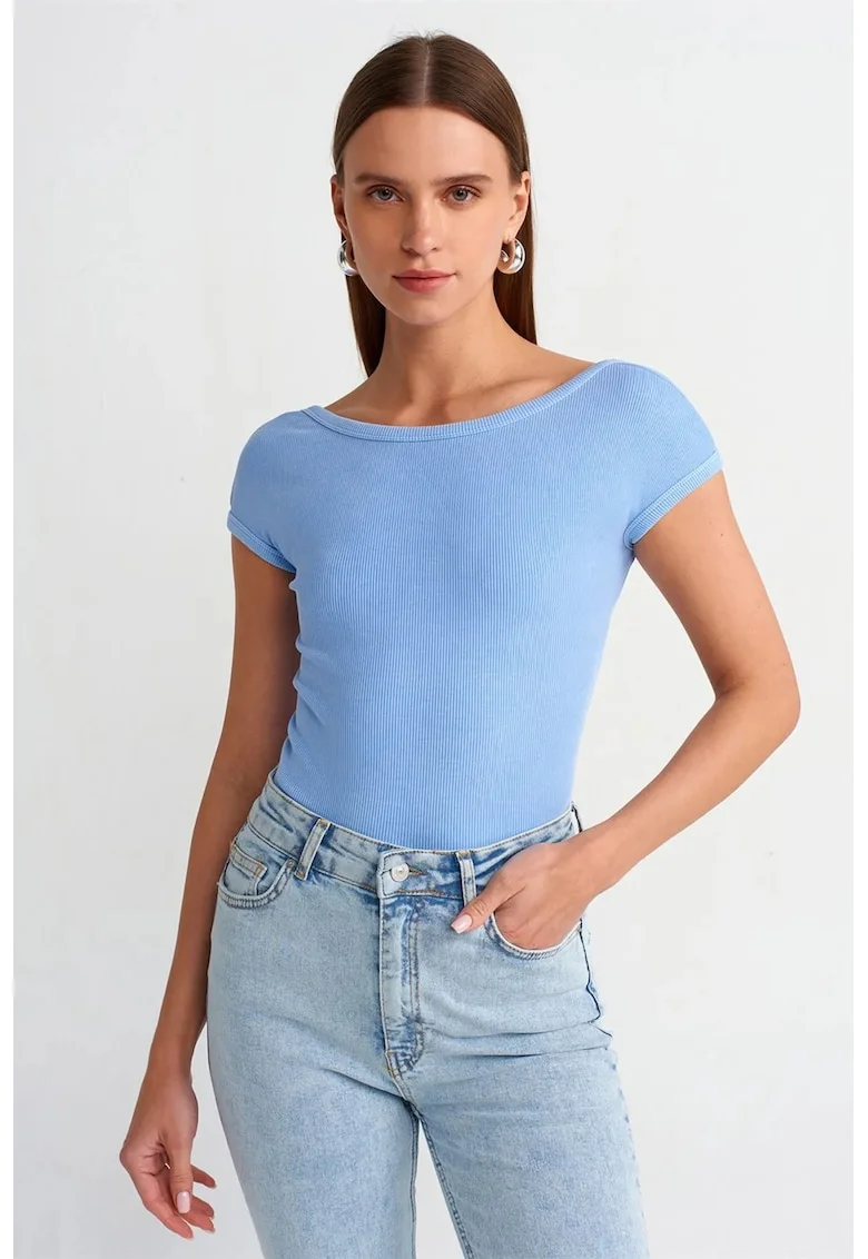 Tricou Crop Femei  Albastru Deschis, Slim fit, Decolteu Patrat, Decupaj, Bumbac cu Elastan