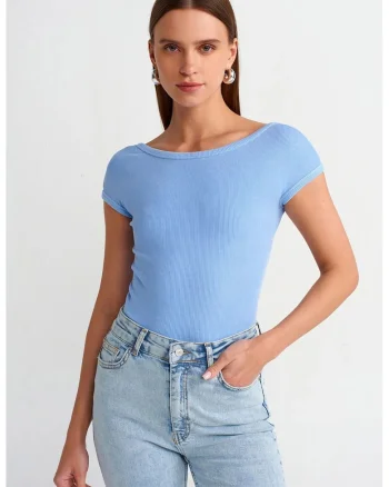 Tricou Crop Femei  Albastru Deschis, Slim fit, Decolteu Patrat, Decupaj, Bumbac cu Elastan