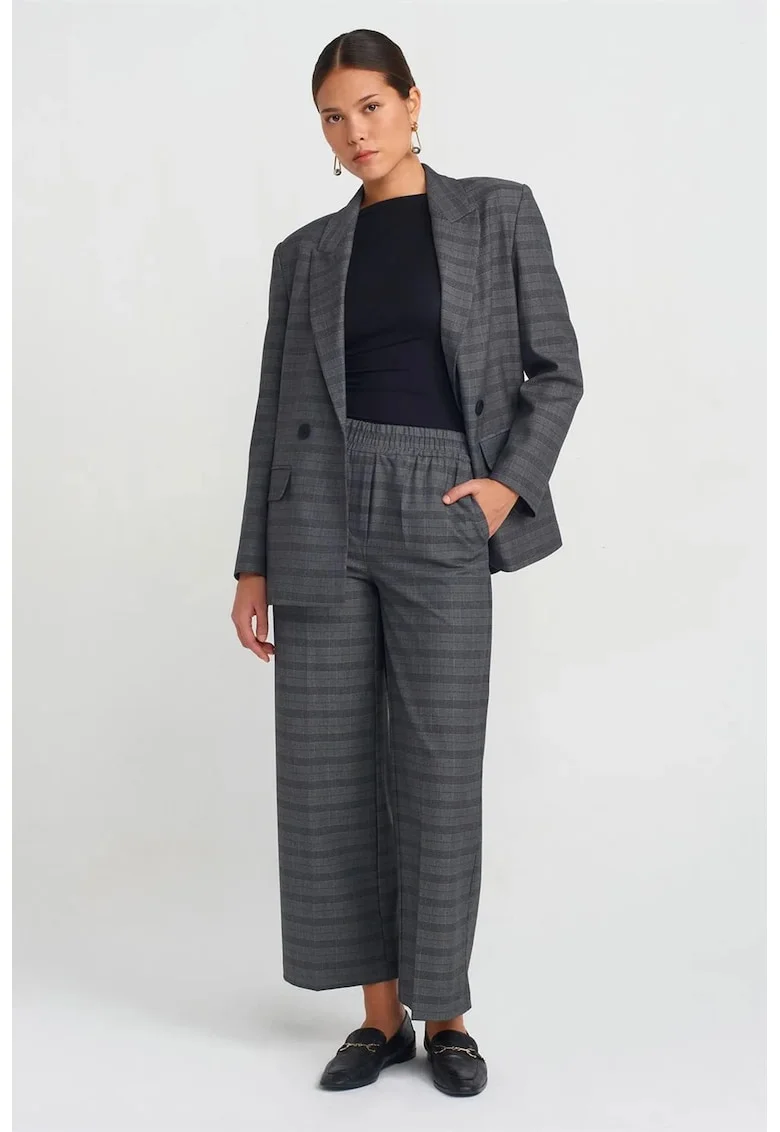 Pantaloni dama,  croiala larga, carouri, gri antracit, material jacard