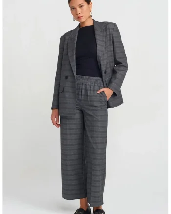 Pantaloni dama,  croiala larga, carouri, gri antracit, material jacard