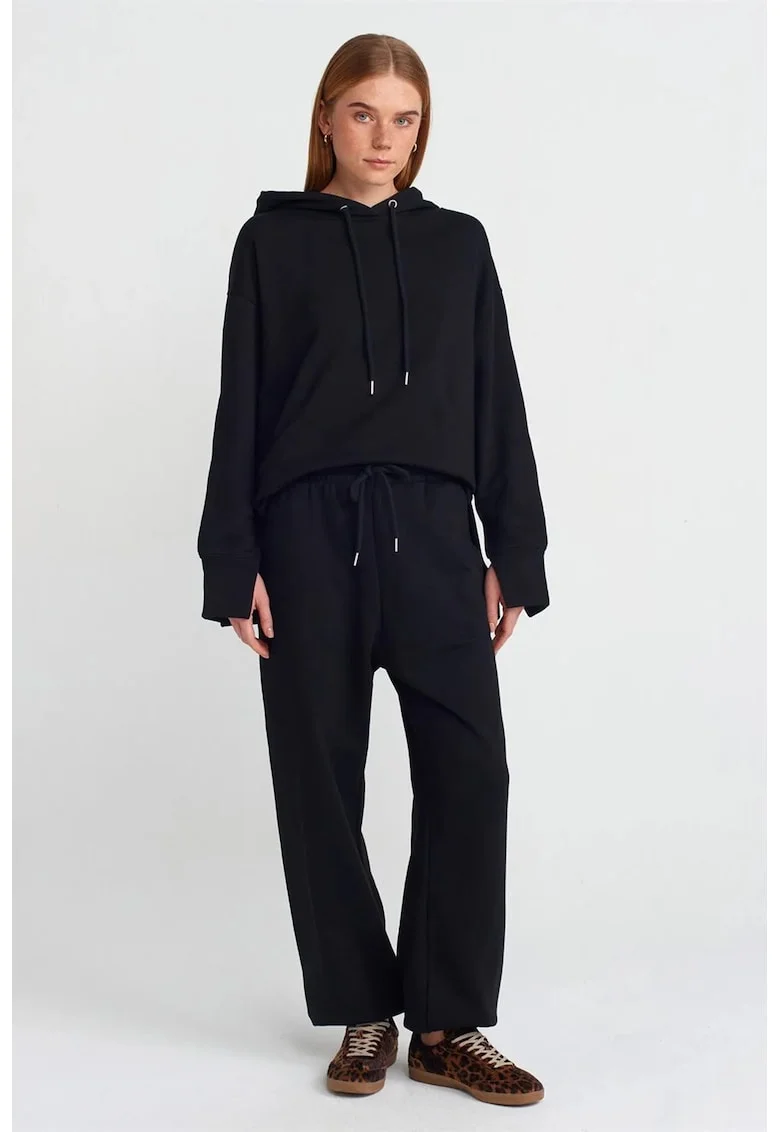 Pantaloni dama,  jogging, picior larg, negru, fleece