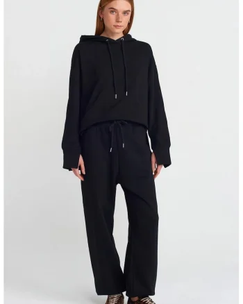 Pantaloni dama,  jogging, picior larg, negru, fleece