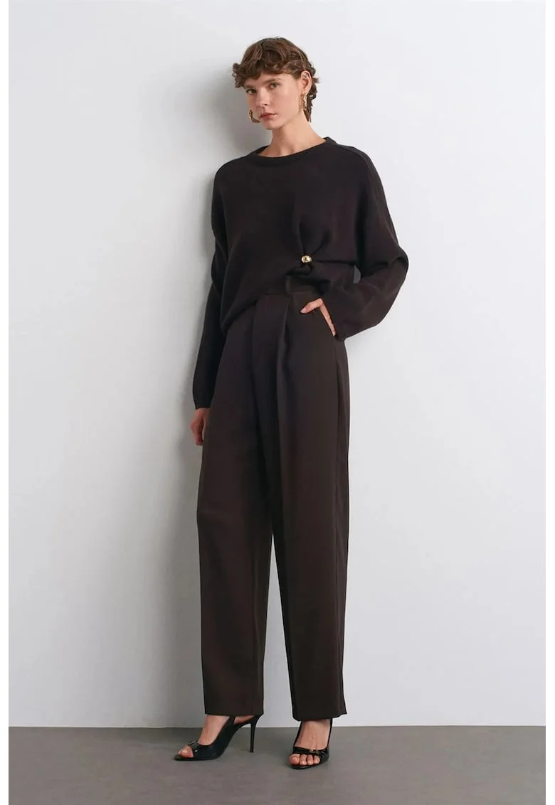 Pantaloni dama,  crepe, talie inalta, negru, 100% poliester