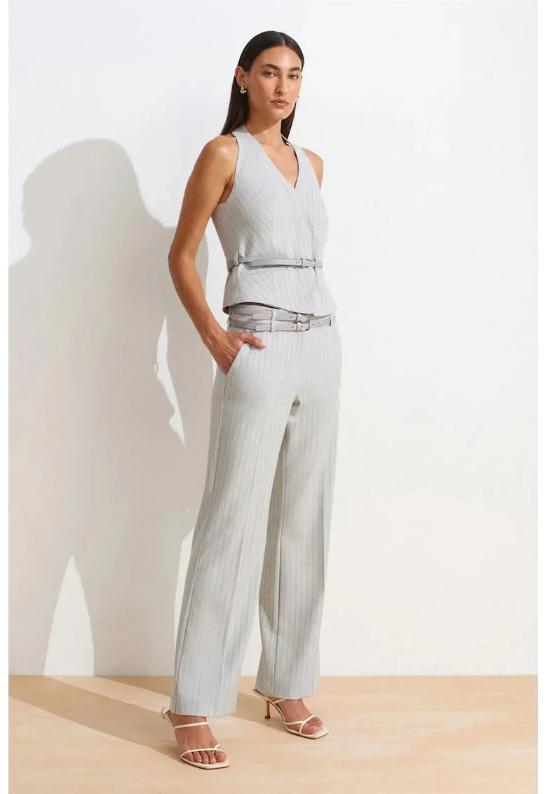 Pantaloni dama,  cu dungi, croiala dreapta, gri deschis, poliester-viscoza-elastan