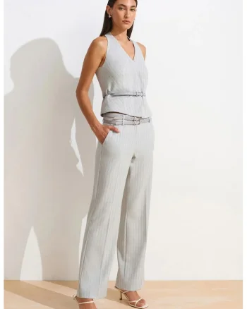 Pantaloni dama,  cu dungi, croiala dreapta, gri deschis, poliester-viscoza-elastan
