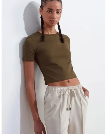 Tricou dama,  slim-fit, scurt, verde kaki, bumbac cu elastan